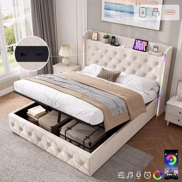 Rolipo Double Upholstered Bed Frame in Beige with Hydraulic Storage, LED Under-Bed Lighting and USB Charging Port – 1