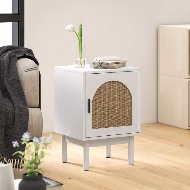 HOMCOM White Rattan Bedside Table with Adjustable Shelf