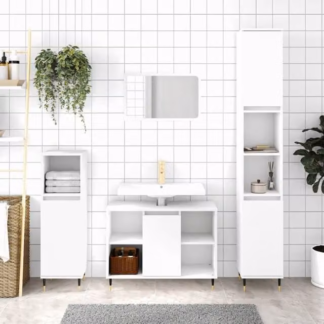 Berkfield Home White Bathroom Cabinet with Hinged Doors and Open Shelf, W/D/H: 30 x 30 x 100 cm