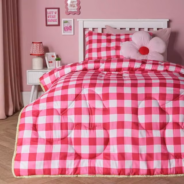 OHS Cherry Bow Gingham Kids 7.5 Tog Coverless Duvet and Pillowcase Set in Pink, Double Size – 1