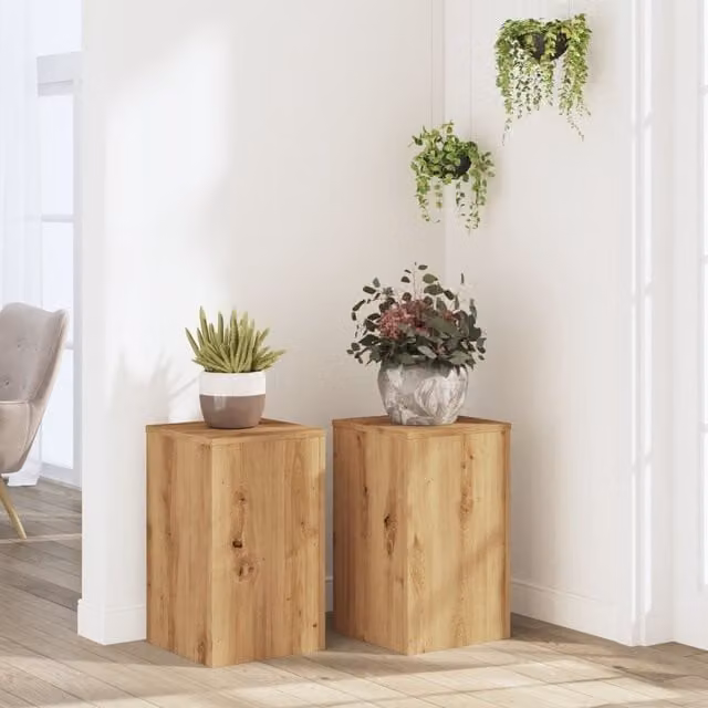 Berkfield Home Artisan Oak Plant Stands, Set of 2, Brown, W/D/H: 30 x 30 x 50 cm