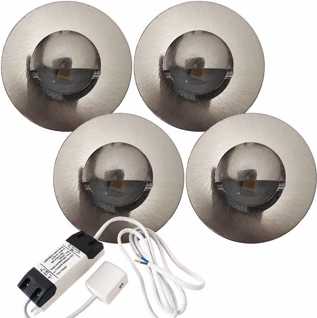 Loops Eyelid LED Plinth Light Kit, 4x Round Silver Stainless Steel Spotlight for Kitchen and Bathroom Floor Kick Panels – 1