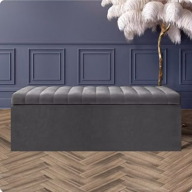 R&M Furnishers Safar Ottoman Storage Box, Striped Plush Velvet Upholstered Blanket Chest in Steel Grey