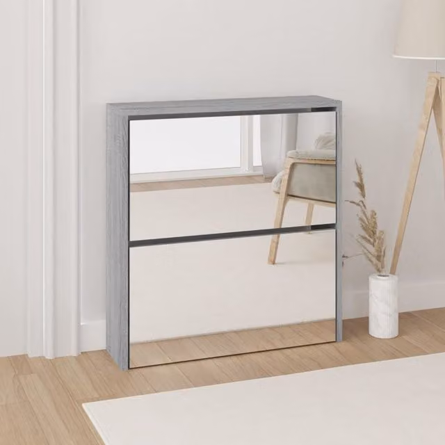 Berkfield Home 2-Layer Grey Shoe Cabinet with Mirror, W/D/H: 63 x 17 x 67 cm
