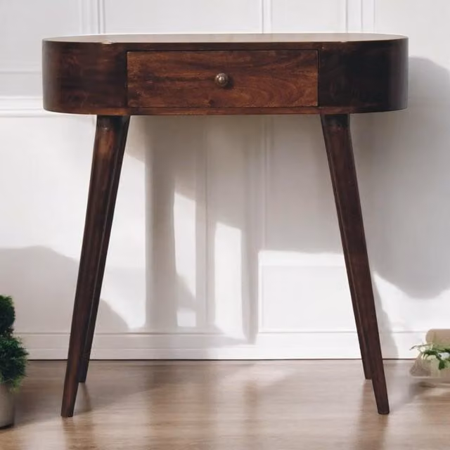 Aosom UK Mid-Century Solid Mango Wood Console Table with Drawer and Rounded Edges, Brown, W: 80 cm, D: 40 cm, H: 78 cm