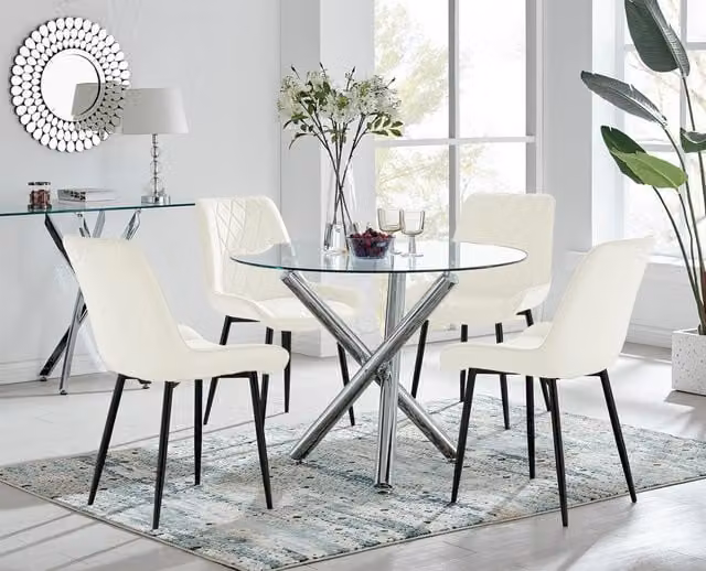 FurnitureboxUK Selina Round Glass Dining Table with Chrome Leg and Pesaro Cream Upholstered Chairs with Black Legs for 2 People