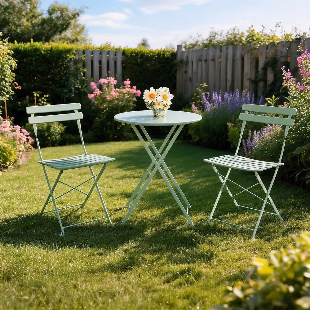 London Boutique 3-Piece Foldable Bistro Set Green Metal Garden Furniture Set with Table and 2 Chairs – 3