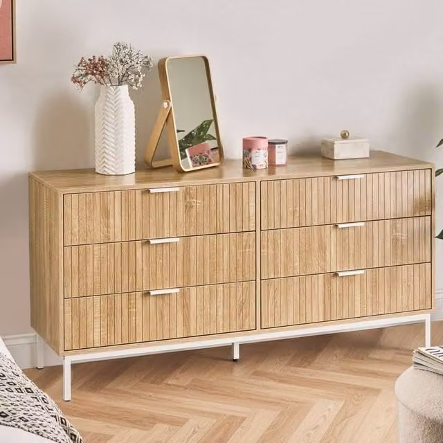 Wyld and Coco Six-Drawer Scandinavian Chest in Light Brown MDF with Metal Legs – 1