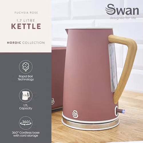 Swan Nordic Cordless Jug Kettle with Fast Boil Technology and Overheat Protection, 1.7L, 3KW, Pink – 3