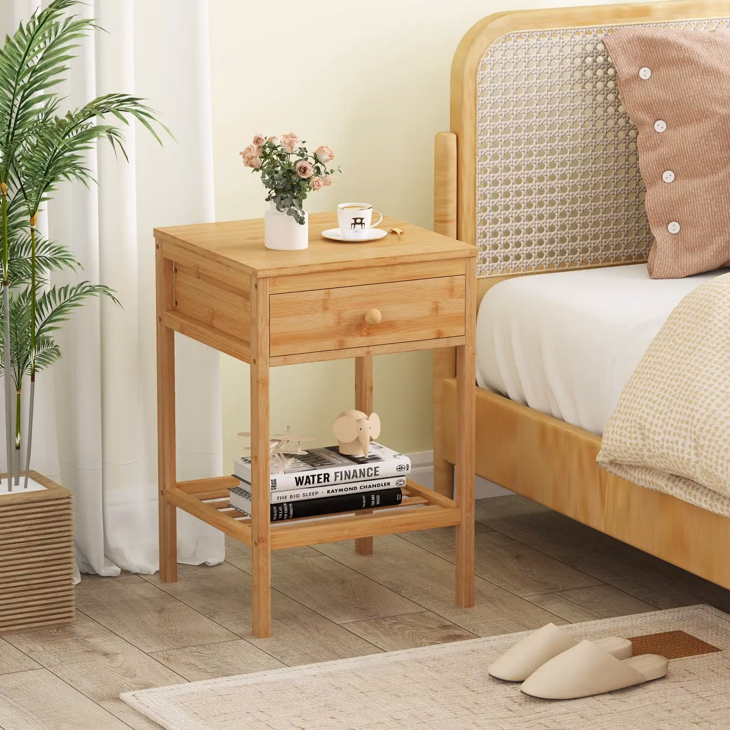 Gymax Set of 2 Bamboo Nightstands with Storage Drawer and Shelf in Beige – 2