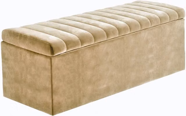 R&M Furnishers Striped Plush Velvet Upholstered Blanket Chest in Brown and Beige