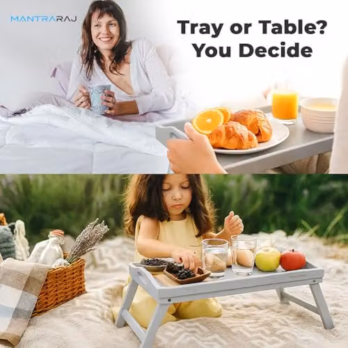 Mantraraj Bamboo Bed Tray Table with Foldable Legs and Handles in Grey, W: 60.5 cm, D: 30 cm, H: 23 cm – 5