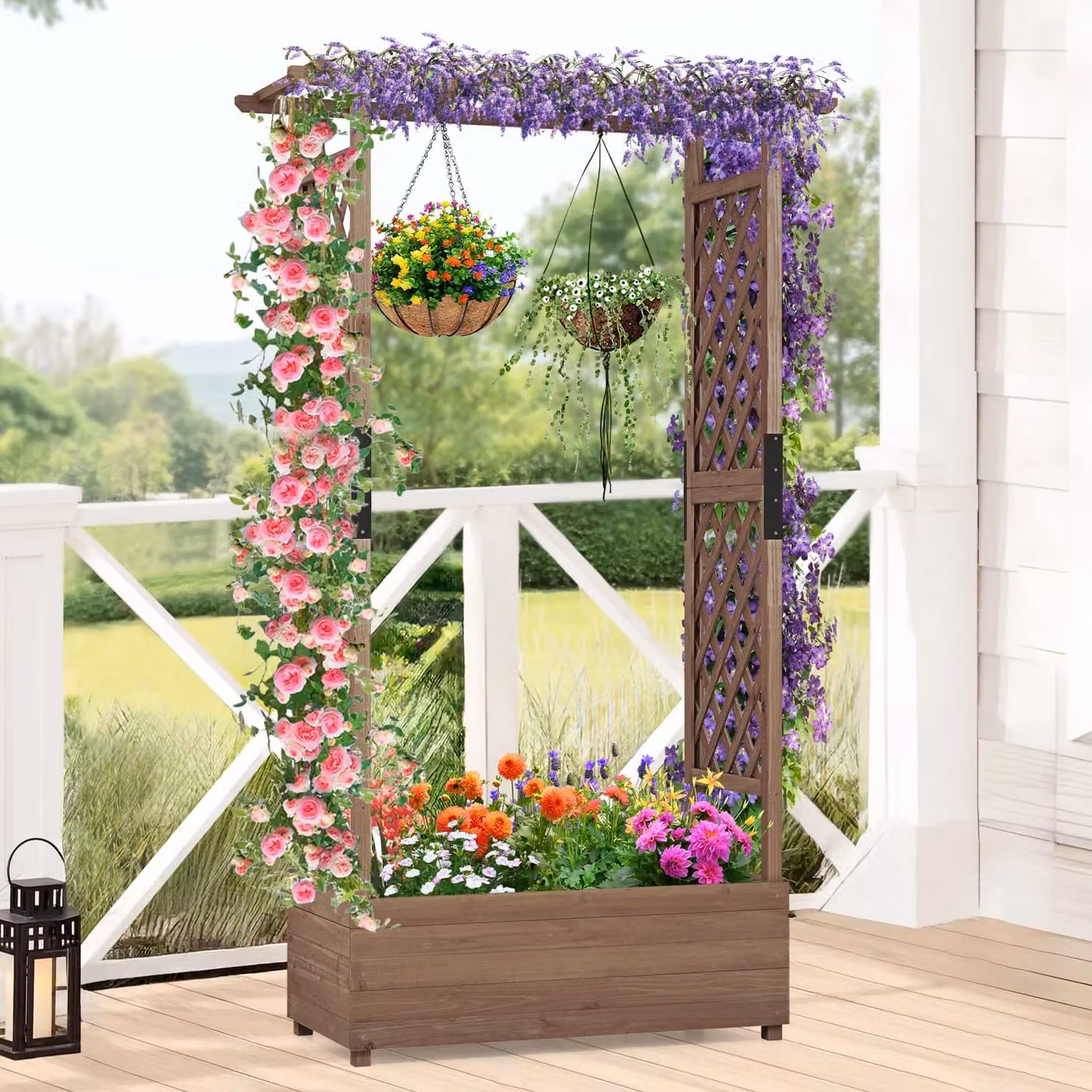 Costway Raised Garden Bed Fir Wood Planter Box with Hanging Roof, Brown, W/D/H: 180 x 110 x 44 cm – 6
