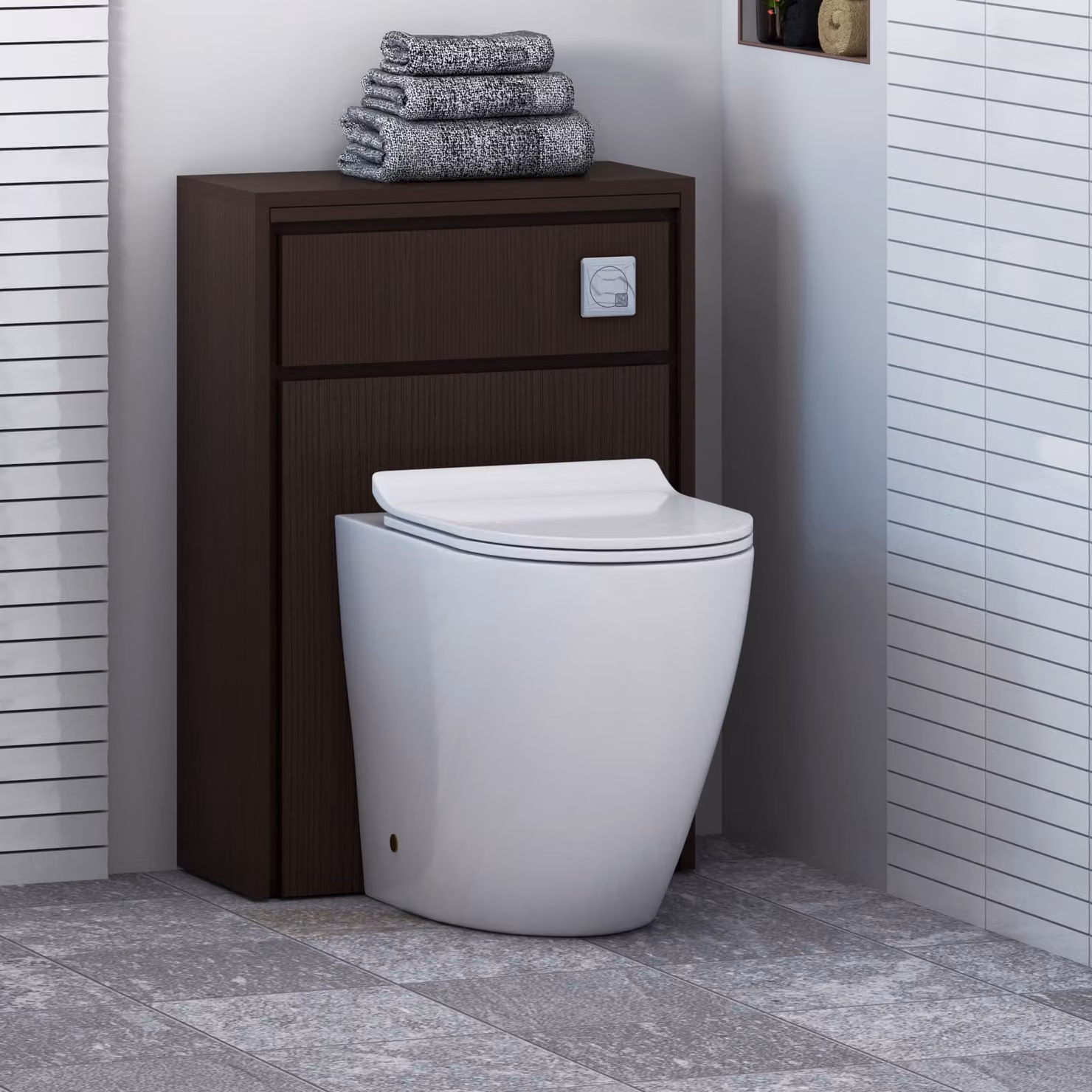 Livora BTW WC Unit in Walnut Woodgrain with Elva Rimless Short Projection Ceramic Toilet Pan, Slim Soft Close Seat and Cistern, White and Brown