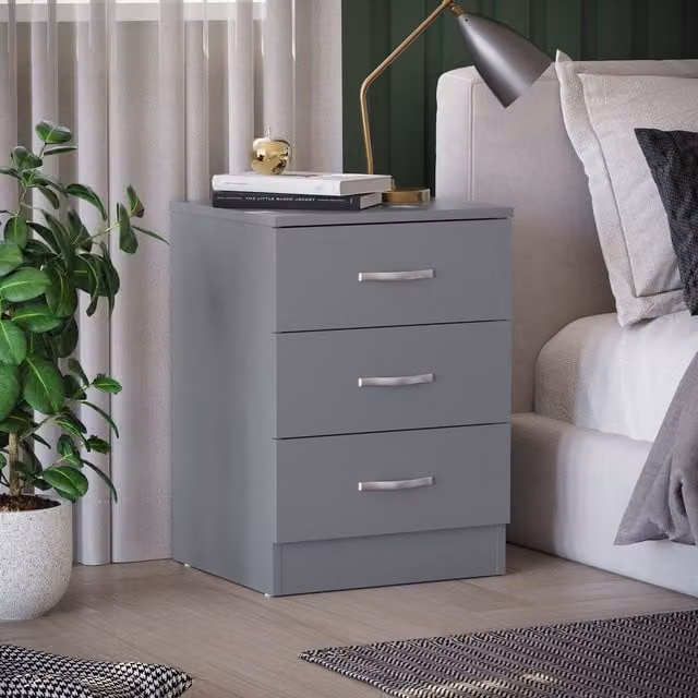 Vida Designs Riano 3 Drawer Bedside Table Chest in Grey