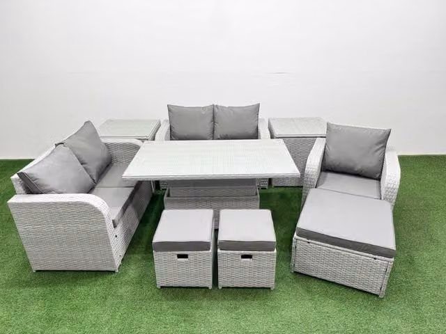 Fimous Grey Poly Rattan Garden Furniture Set with High Back Reclining Chair, Loveseat Sofa, and Adjustable Lifting Table