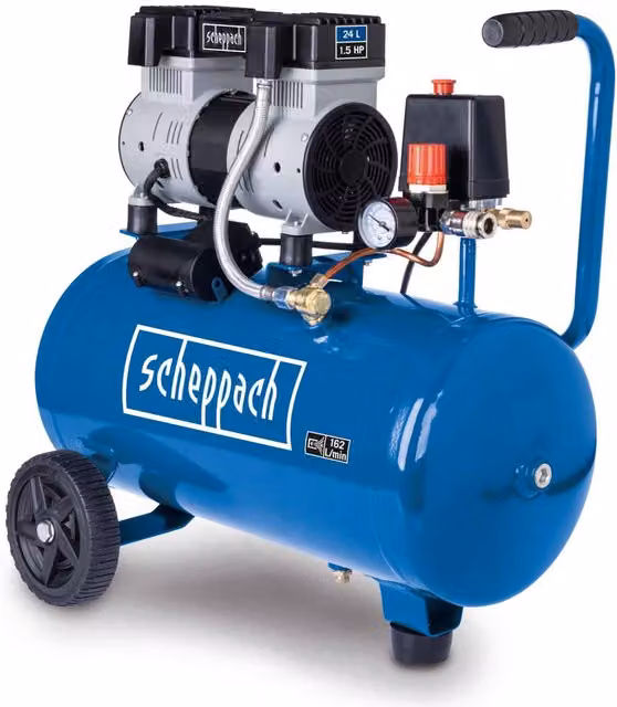 Scheppach HC26Si Silent Air Compressor, 24L Tank, 1100W, 8 Bar, 162 L/min, Oil-Free, Blue