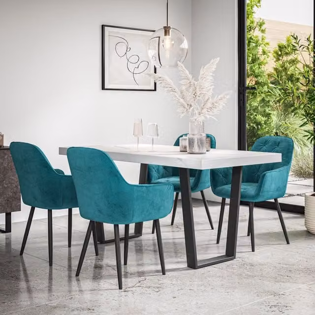 More4Homes Aria Dining Table and Anika Blue Velvet Chair Set of 6, White Marble Effect Top with Black Legs – 1