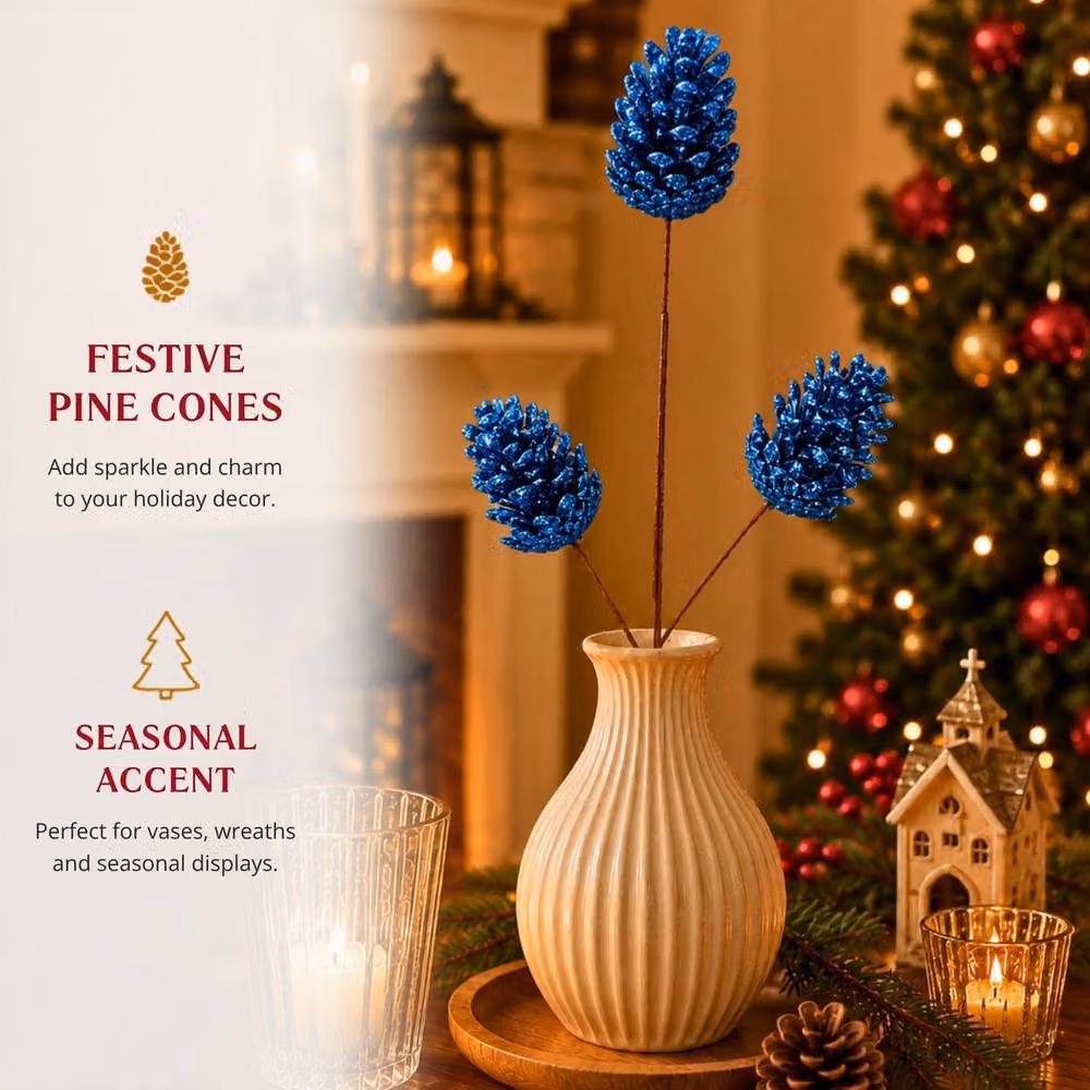 Shatchi Glitter Dark Blue Pine Cone Christmas Picks, 12 Pack, Height: 58 cm – 8