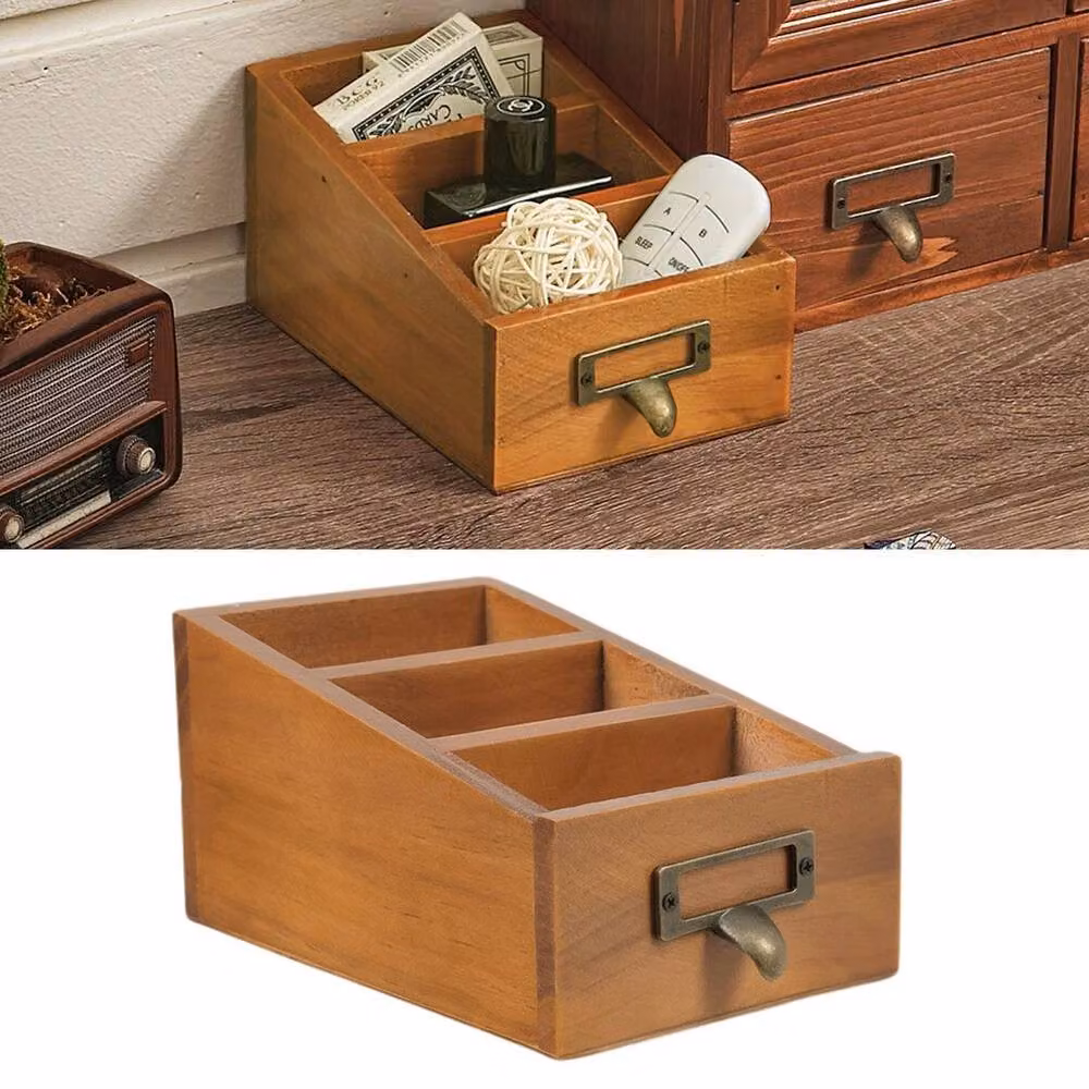 EONLION Brown Wood Multi-Compartment Pen Pot and Makeup Storage Organiser – 3