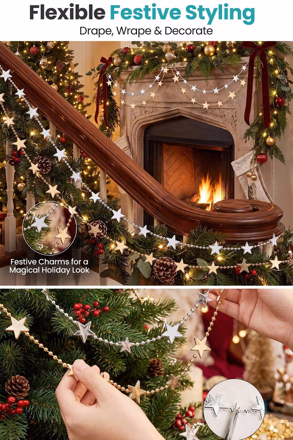 Neel Blue 2-Piece Christmas Bead Chain Garland with Gold and Silver Star Design – 4