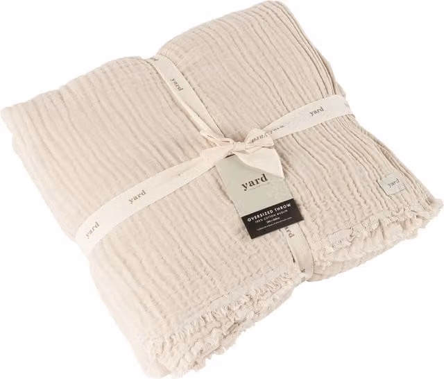 Lark Muslin Cotton Woven Throw with Fringes in Beige and Yellow, Width: 260 cm