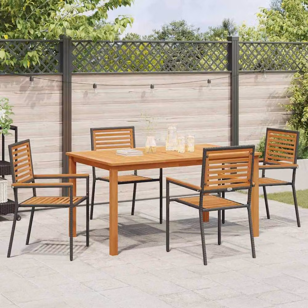 Berkfield Home 5 Piece Black Poly Rattan and Acacia Wood Garden Dining Set – 3