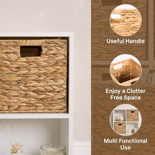 OHS Seagrass Storage Baskets with Handles, Natural Beige Foldable Organiser Boxes for Living Room, Bedroom and Bathroom, W/D/H: 27.0 x 27.0 x 27.0 cm – 3