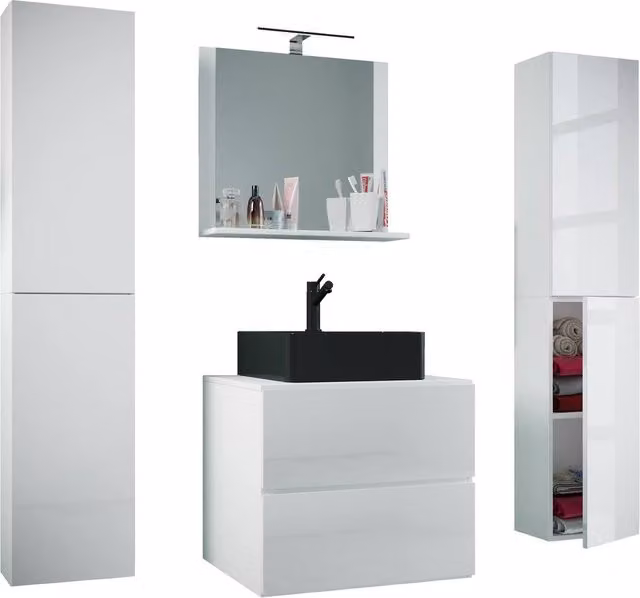 VCM Lendas XL 5-Piece White Glossy Bathroom Furniture Set with Washbasin, Vanity Unit, Mirror Cabinet and Tall Cabinet