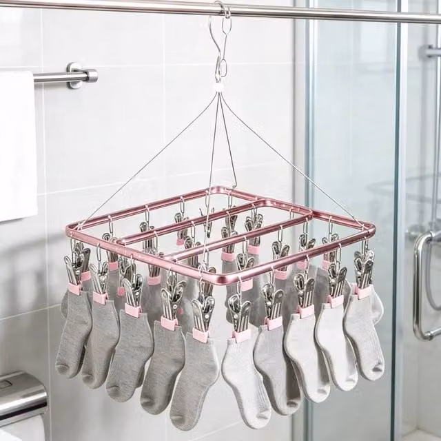 EONLION Pink Aluminium Alloy Multi-Clip Drying Rack with Windproof Hooks, Width: 100 cm – 1