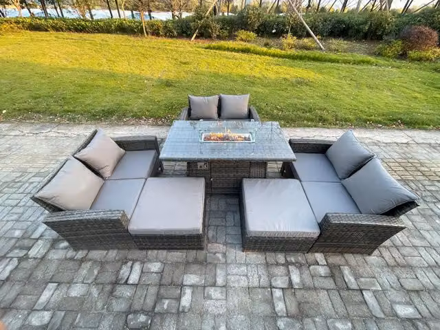 Fimous Rattan Garden Furniture Set with Gas Fire Pit Dining Table, Double Seat Sofa, Armchairs and 2 Footstools in Dark Grey