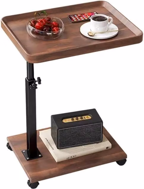 VOGREX Adjustable Height C-Shaped Swivel Side Table with Wheels, Brown