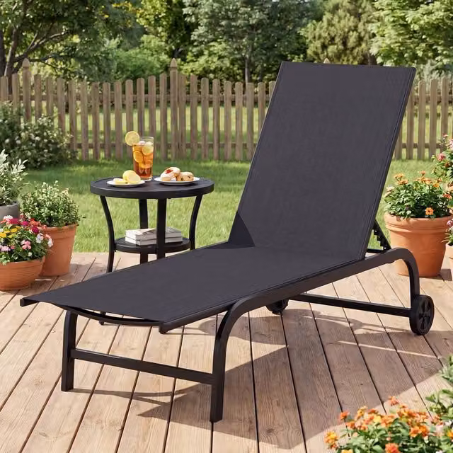 Costway Black 6-Position Reclining Chaise Lounge Chair with Wheels and 180 Degree Full Flat Function