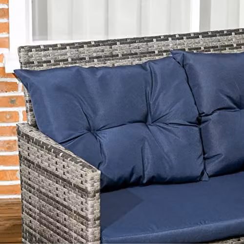 Outsunny 6 Piece L-Shape Rattan Garden Sofa Set with Blue Cushions and Glass Coffee Table – 5