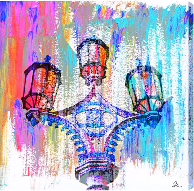 Benjamin Tate Design LTD London Big Ben Street Lamps Graphic Art Wrapped Canvas in Blue and Multicolour, Width: 127 cm