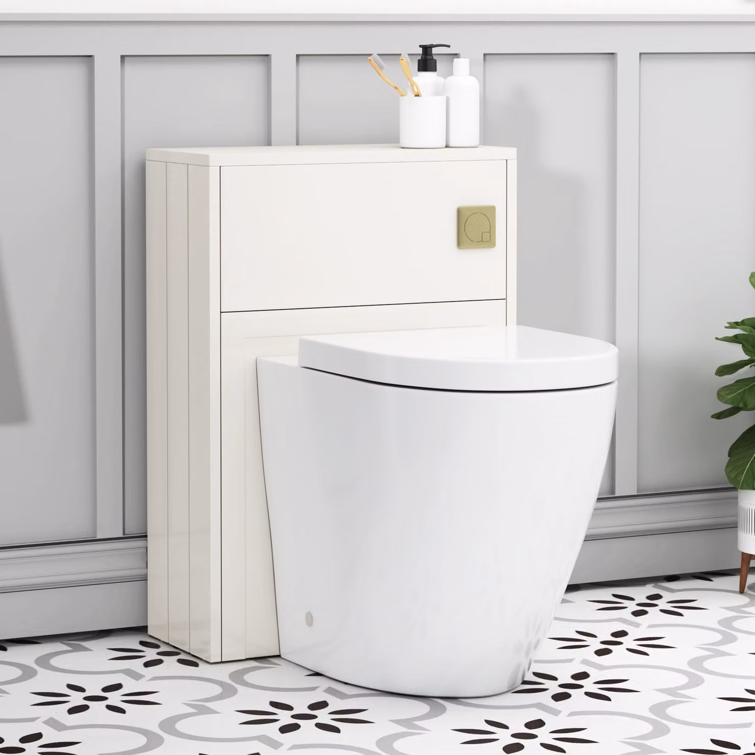 Royal Bathrooms Elmore Classic White Wall Mounted BTW WC Unit with Elva Rimless Short Projection Ceramic Toilet Pan, Seat and Cistern, Width: 55 cm