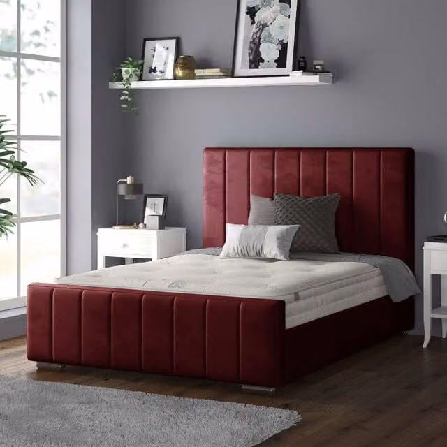 IH Design Nala Vertical Striped Plush Velvet Bed Frame, Red, W/D/H: 90 x 190 cm