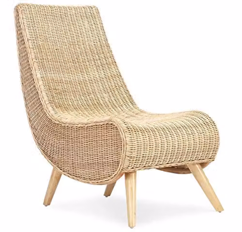 Desser Teardrop Wicker Reading Chair in Natural Brown and Beige Rattan, H 91 cm x W 54 cm x D 81 cm