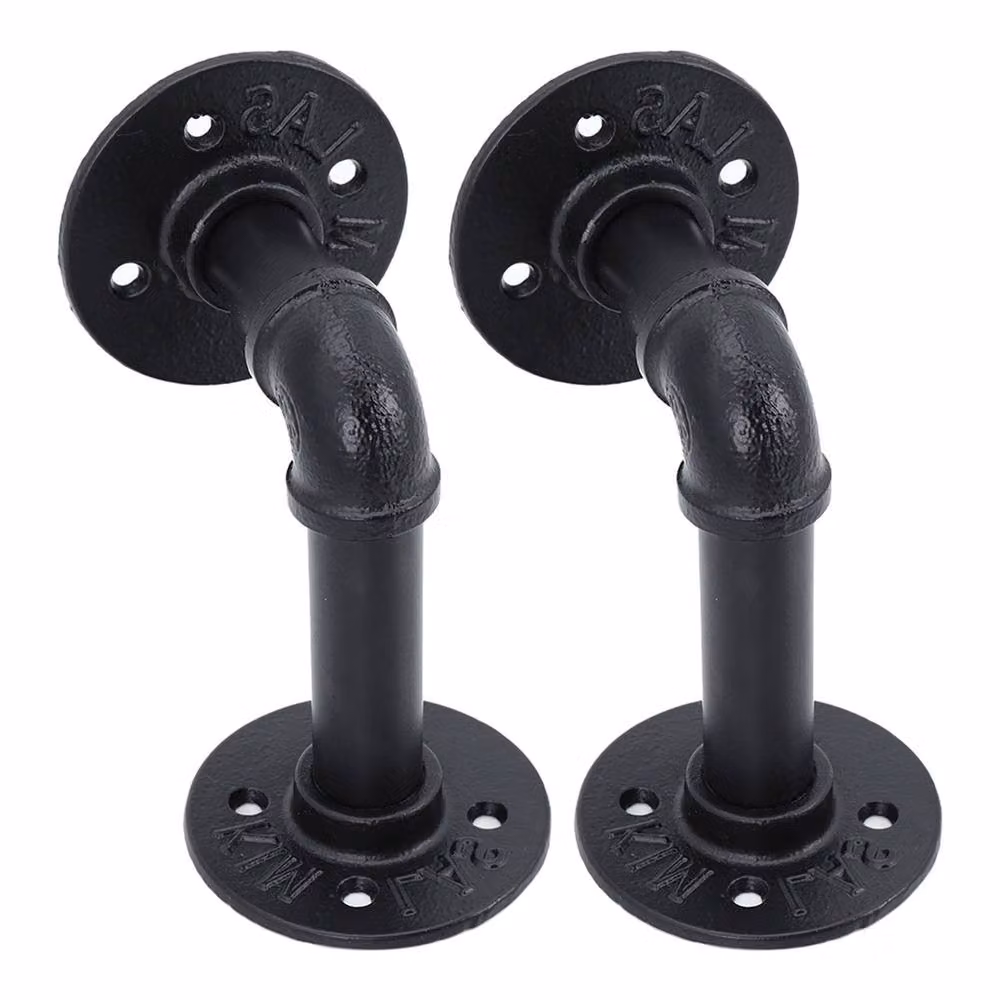 Garden Sanctuary 2-Pack Industrial Style Black Matt Iron Pipe Wall Mounted Shelf Brackets – 2