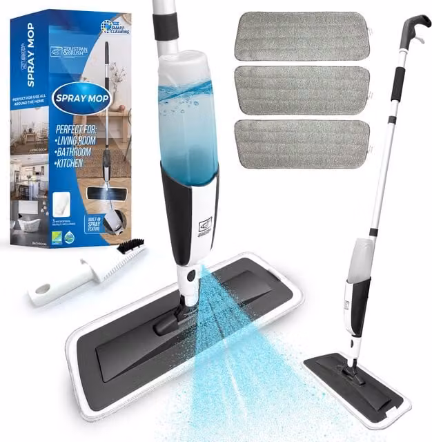 The Dustpan and Brush Store White Spray Mop with Washable Microfibre Pads, Swivel Head and Scraper for Wet and Dry Cleaning