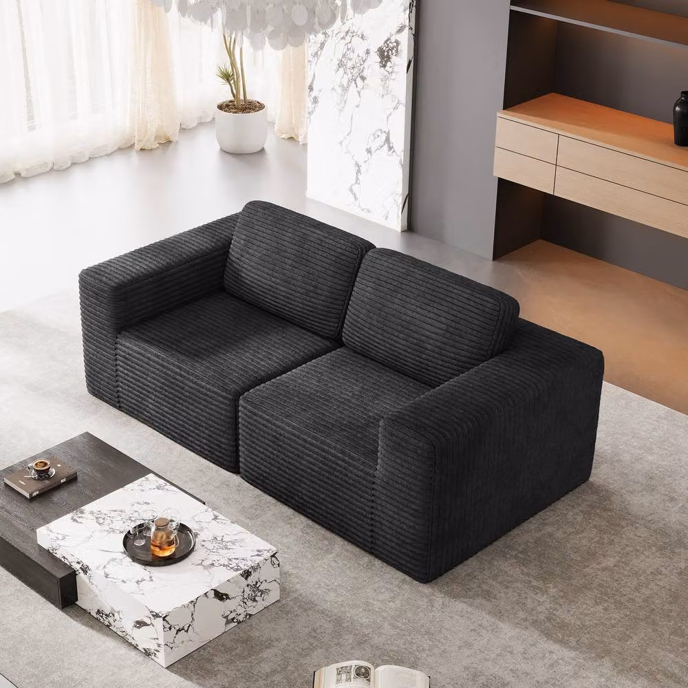 Dprodo Corduroy Modular Loveseat Sofa in Black with Matching Ottoman and Removable Covers, W: 202 cm, D: 101 cm, H: 82 cm – 8