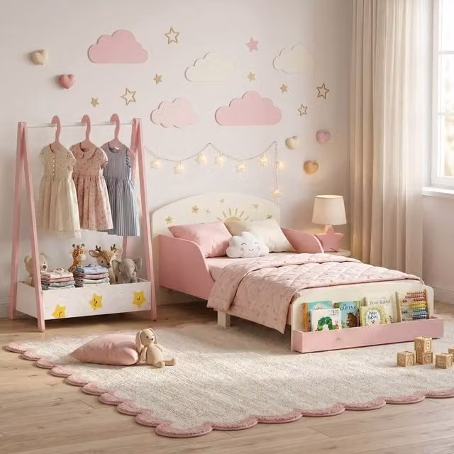 AIYAPLAY 2-Piece Kids Bedroom Set with House Frame Bed and Wardrobe, Pink