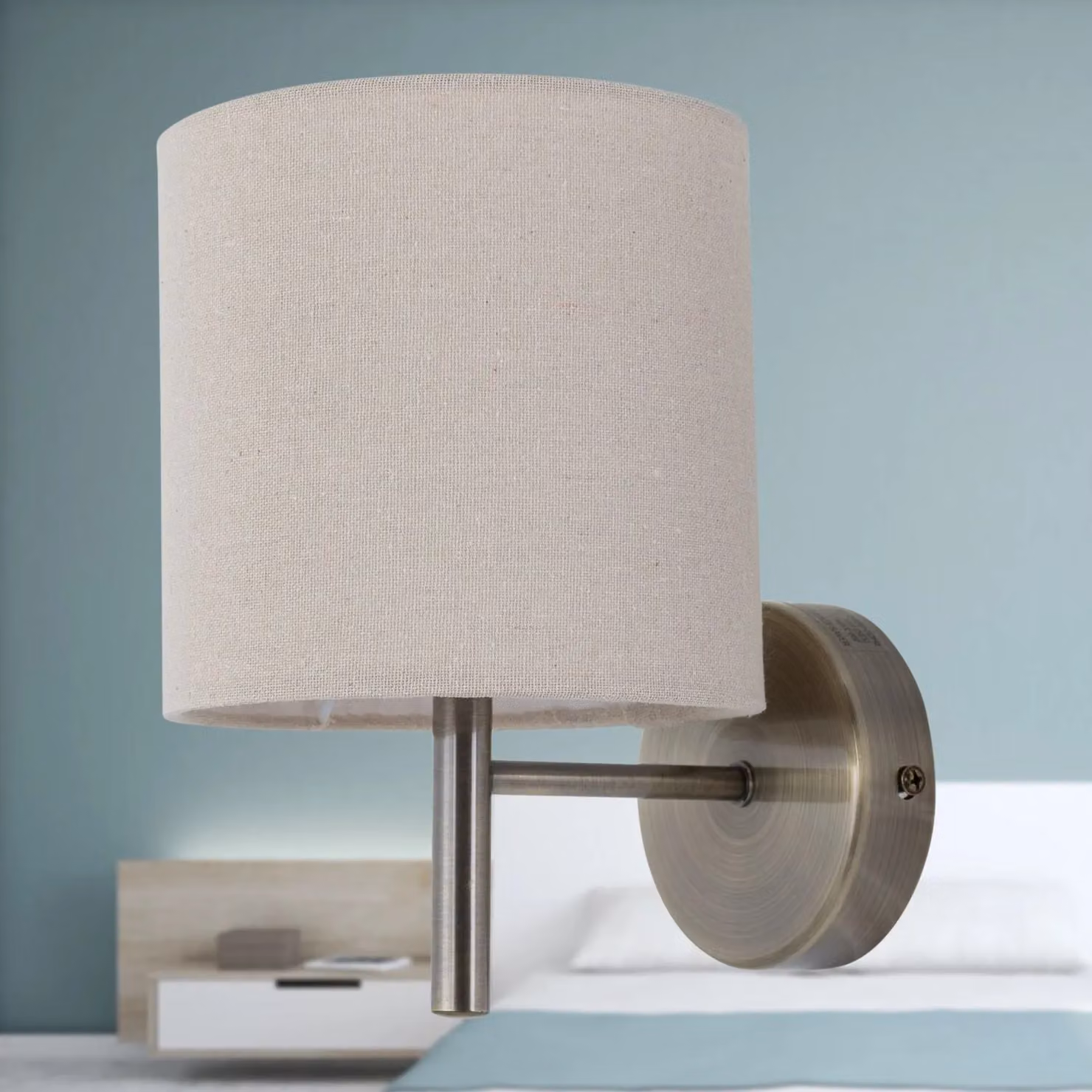First Choice Lighting Brea Set of 2 Antique Brass Wall Lights with Beige Fabric Shades – 2