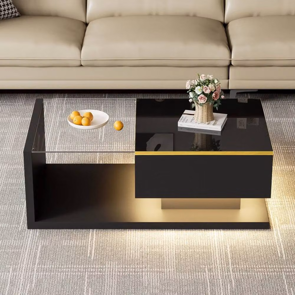 PAWNORA Modern Black Rectangular Coffee Table with Glass Top and LED Light and Lift Mechanism – 4