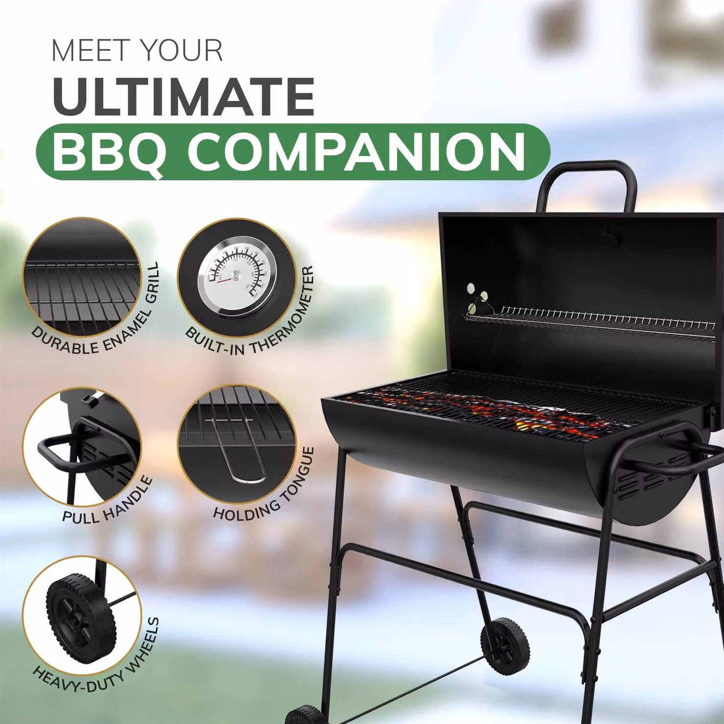 House of Home Black Enamelled Steel Barrel Charcoal BBQ Grill with Offset Smoker, Thermometer and Wheels, W/D/H: 102.5 x 70.5 x 65 cm – 3