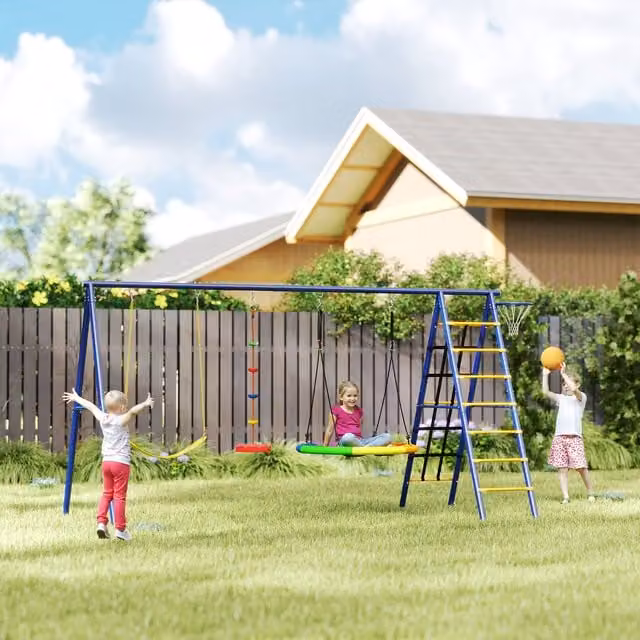 AIYAPLAY 6-in-1 Heavy-Duty Playset with Swing, Hoop, Ladder and Safety Net in Multicolour and Blue