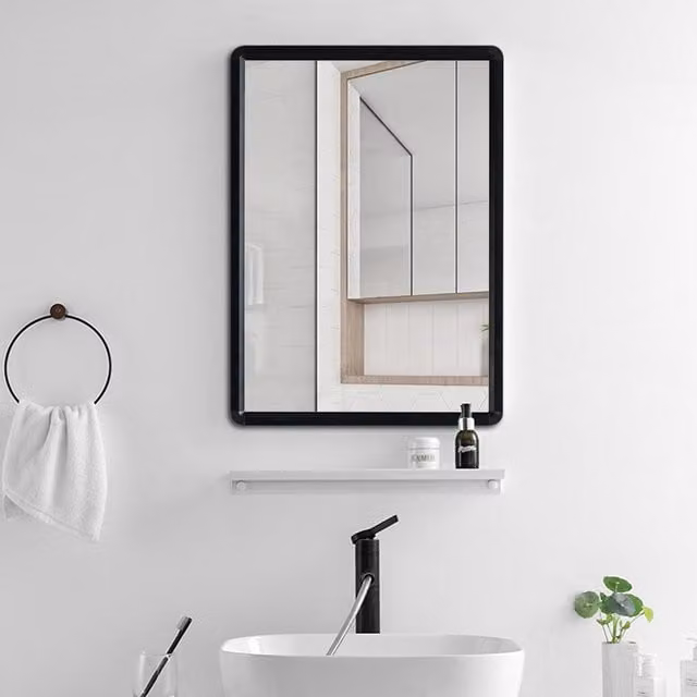 Livingandhome Modern Round Black Metal Wall Mirror, Diameter: 50 cm