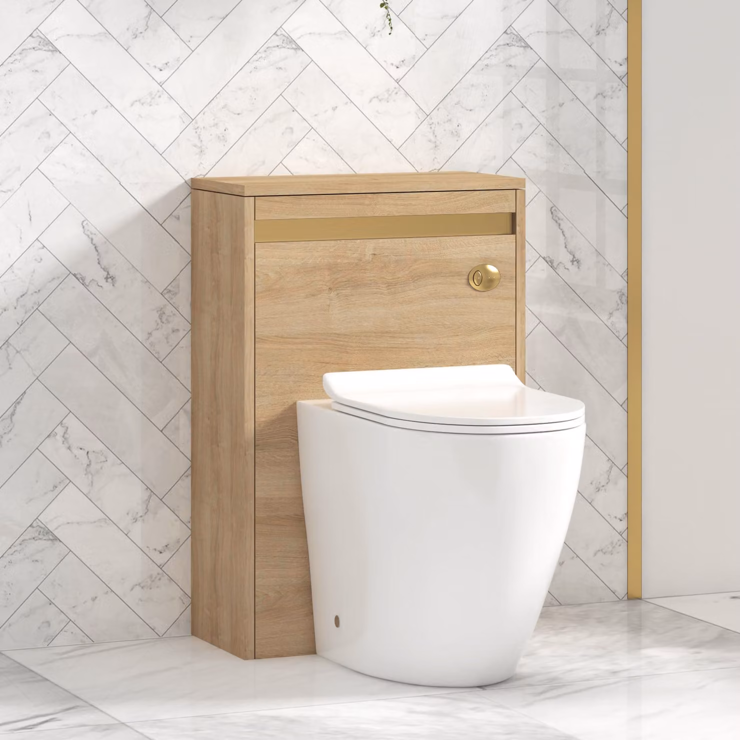 Royal Bathrooms Orion 540mm Natural Oak BTW WC Unit with Elva Rimless Short Projection Ceramic Toilet Pan, Slim Seat and Cistern with Brushed Brass Accent Trim