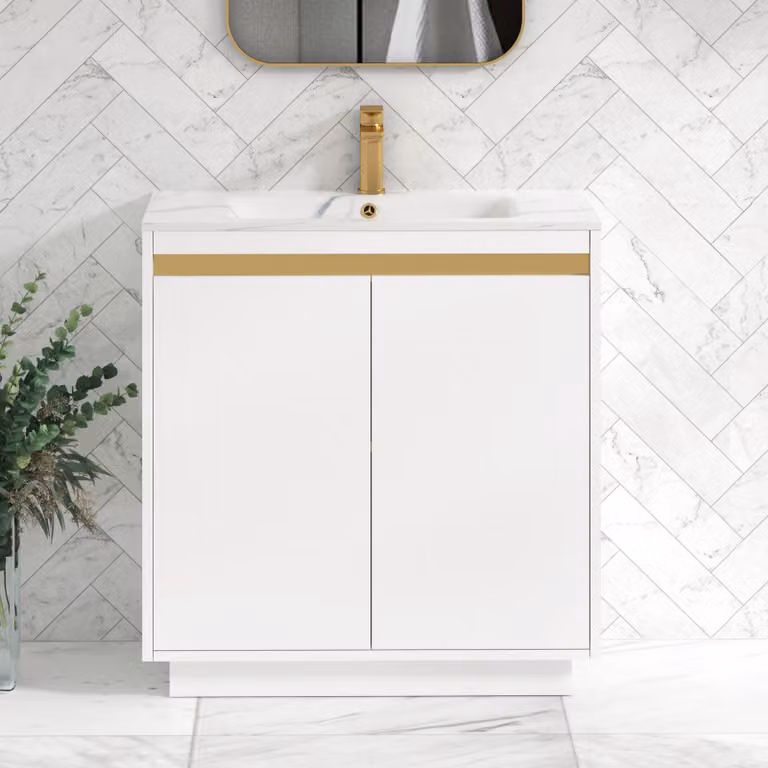 Royal Bathrooms Orion 800mm Floor Standing 2 Door Vanity Unit in Matt White with Carrara White Basin and Brushed Brass Accent Trim