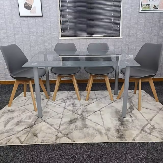 KOSY KOALA Modern Rectangular Dining Table Set with 4 Grey Striped Chairs and Transparent Glass Top